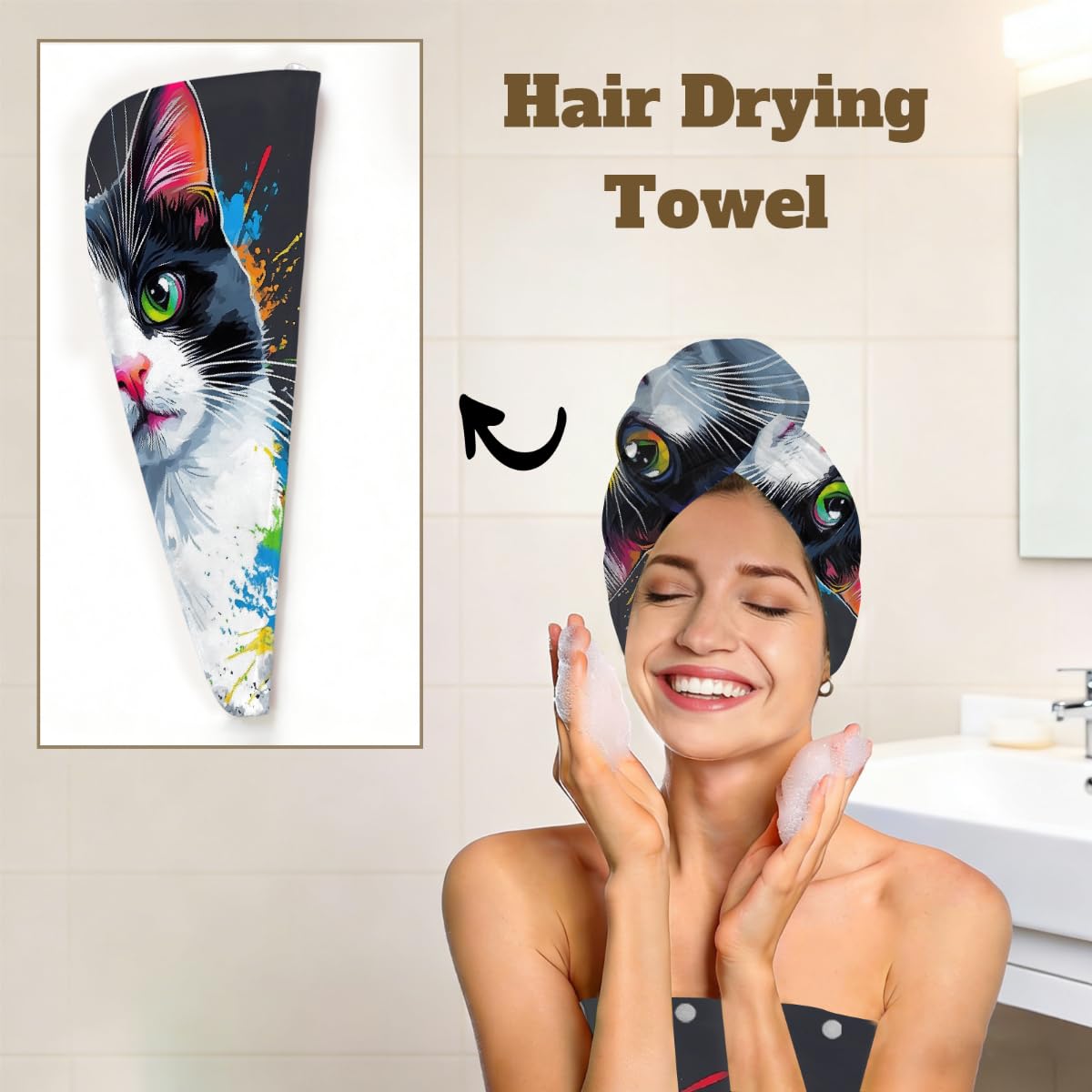 Mikrofaser-Duschtuch für Damen, mit Haar-Handtuch, niedliche Katze, buntes Ölgemälde, weiche Körperwickel, Kleid mit Haartrocknungskappe für Strand, Pool, Spa, 2 Sets
