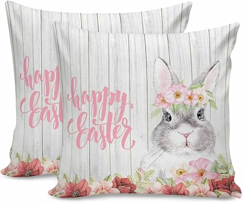 Miniatura 1 de MAIANNE Pack of 2 Cotton Throw Pillow Covers, Easter Bunny Flowers Spring Wood Grain Soft Square Pillow Covers Home Decoration Pillowcases for