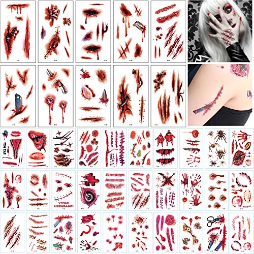 Hamnor 40 Sheets Cosplay Scary Zombie Temporary Tattoos Waterproof Fake Bleeding Scar Cosplay Tattoo Stickers Party Injury Decoration