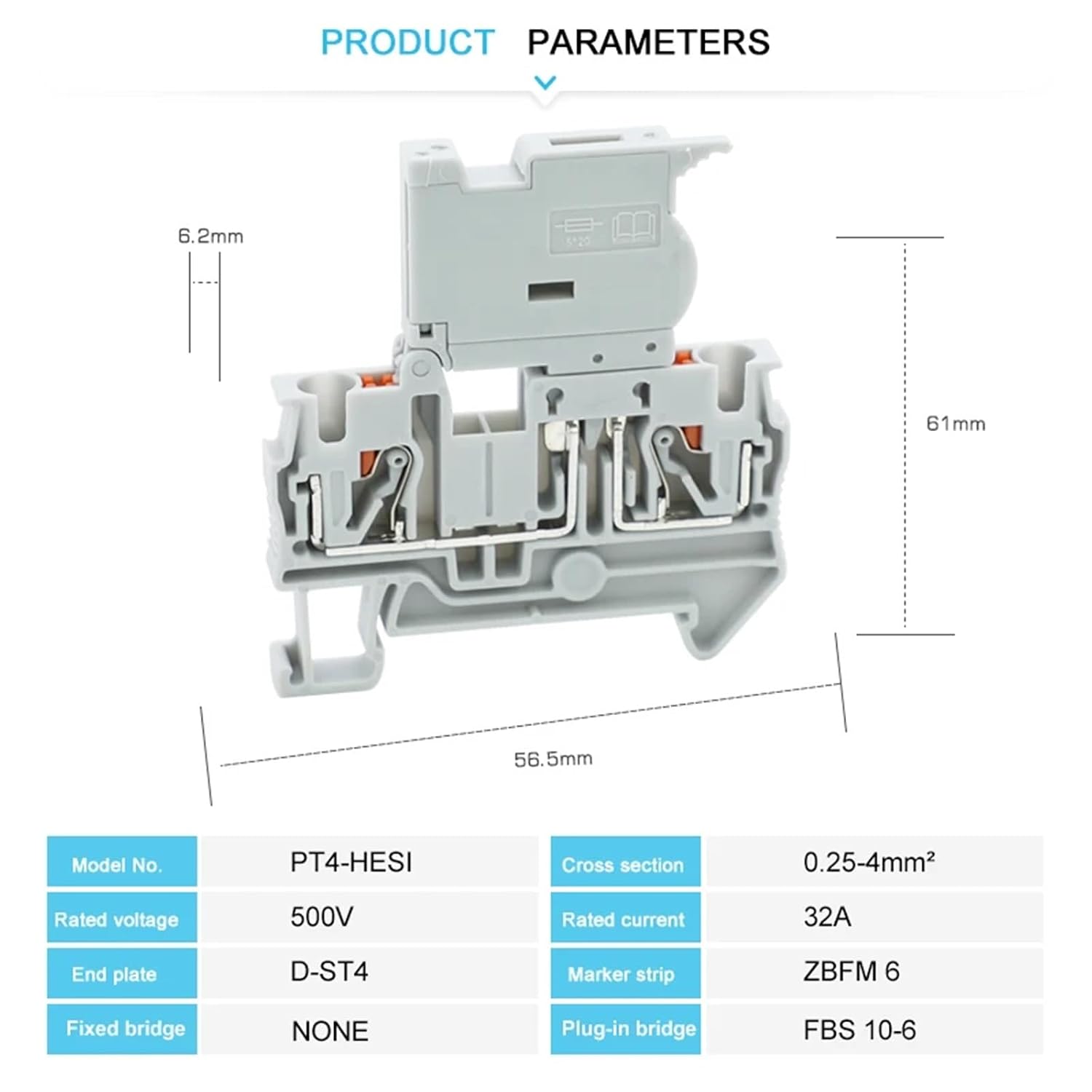 PT 4-HESI 5 * 20mm Fuse Holder Push-in Terminal Block with LED 24V/220V 4mm² Cable Din Rail 10Pcs(Black-with 220V LED)