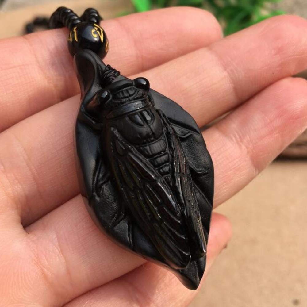 EASTCODE 45x23mm Beautiful Handwork Natural Black Obsidian Carved Cute Leaf Cicada Lucky Amulet Pendant + Beads Necklace Fashion Jewelry