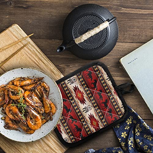 Joaifo Aztec American Native Horse Professional Oven Mitt With Anti Slip Pad, Red Tribal Southwest Style Quilted Liner Cooking Gloves With Potholder Set, Heat Resistant Protector, 2Pcs, 11.4 Inch #TOP4
