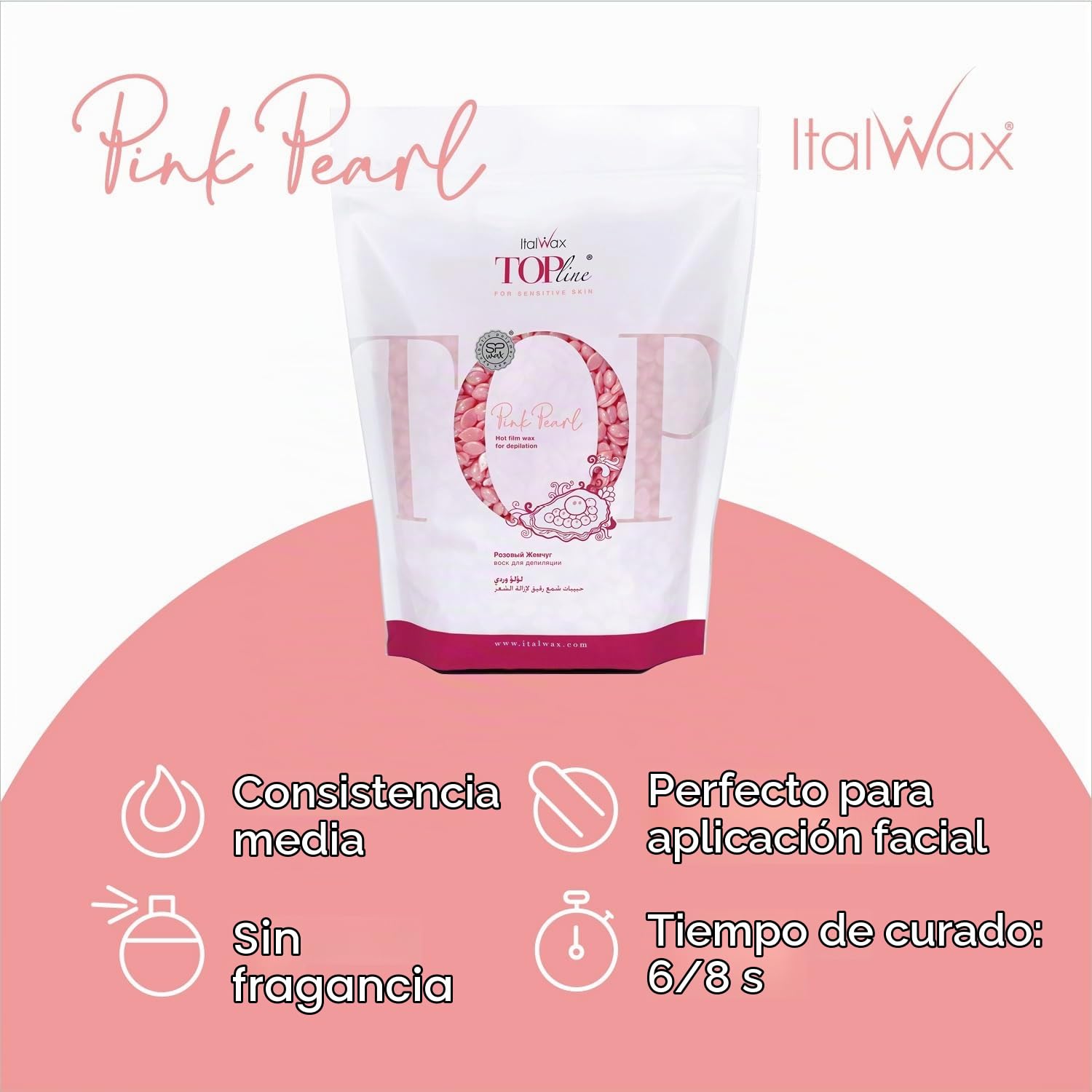 Italwax Top Line Pink Pearl – 750g - Cera elástica en perlas para depilaciòn sin bandas - Formulación sintética para pieles sensibles - Recomendado para la zona bikini y las axilas - Sin fragancia