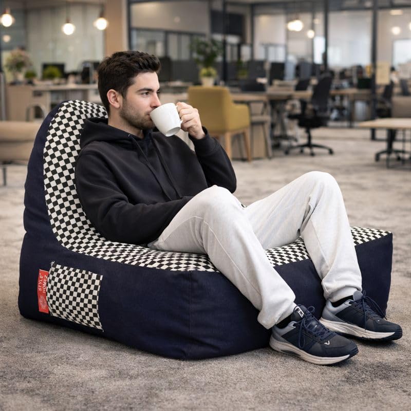 Image of Style Homez Urban Design Denim Canvas Checkered Printed Chair Bean Bag XXL Size Filled with Beans Fillers