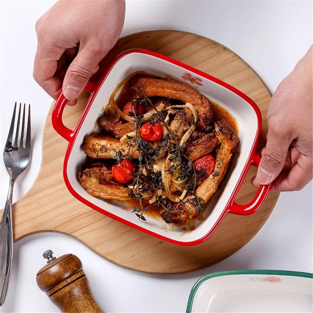 Lasagne Auflaufform 1000 ml handbemaltes Backblech aus Keramik mit Doppelohr in Unterglasurfarbe, geeignet for Haushaltsöfen, Mikrowellenherde und quadratische Teller Auflaufformen