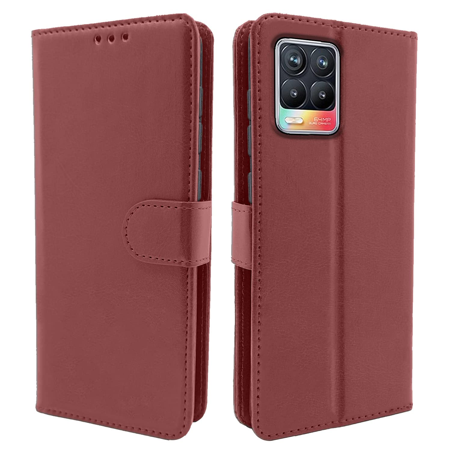 Pikkme Realme 8 4G / 8 Pro Flip Case Leather Finish | Inside TPU with Card Pockets | Wallet Stand and Shock Proof | Magnetic Closing | Complete Protection Flip Cover for Realme 8 4G / 8 Pro (Brown)