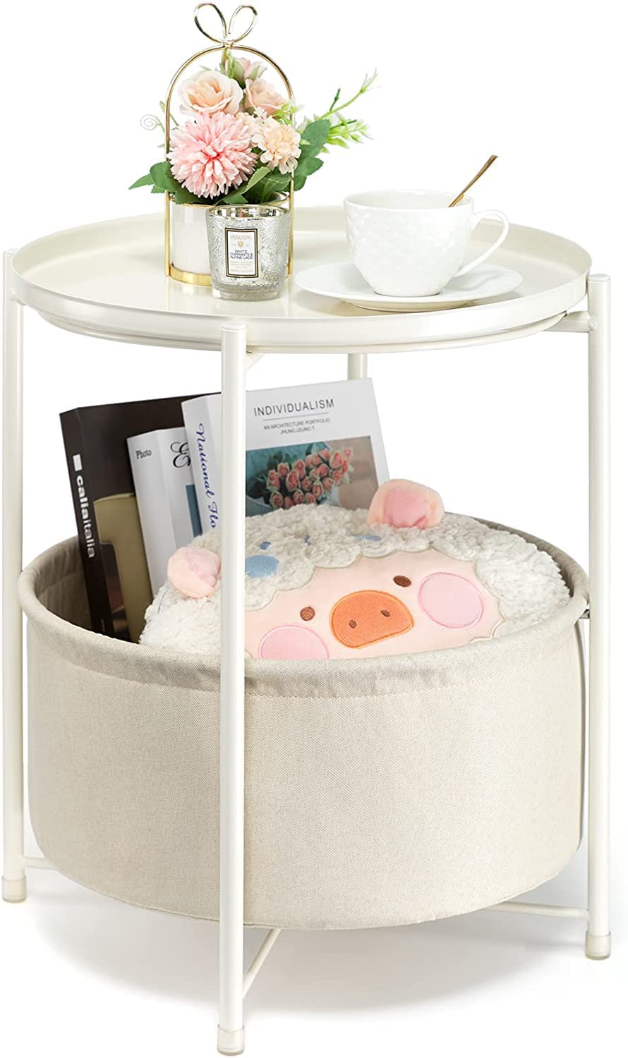 End Table, Metal Nightstand, Coffee Round Table, Sofa Side Snack Table with Detachable Tray Top and Fabric Storage Basket, Scandi Style Table for Living Room Bedroom (Beige)