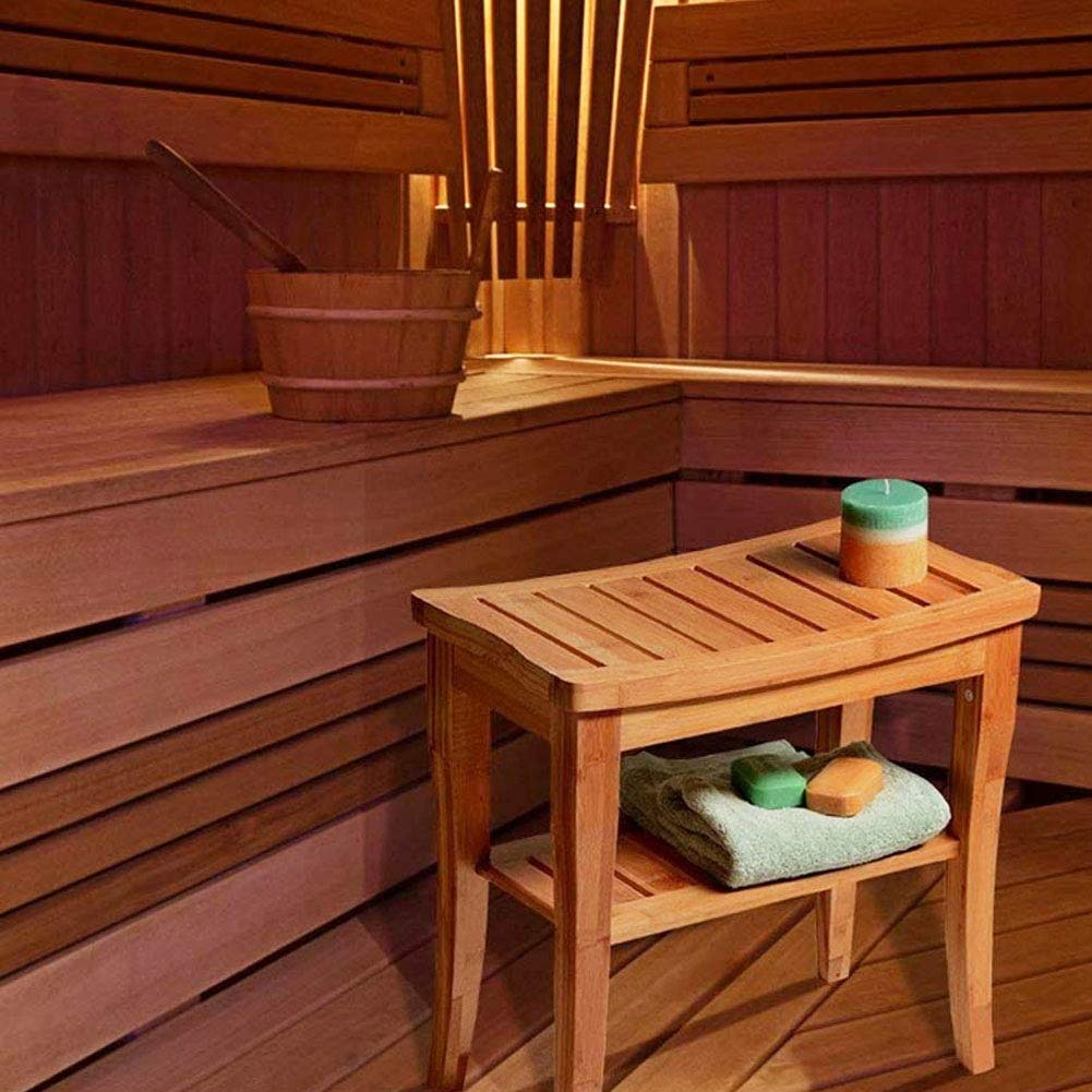 BAKAJI Sgabello da Bagno in bambu con Panca Ripiano Portaoggetti Panchina Casa Colore bamboo Naturale Dimensione 47,5 x 26 x 44,5 cm (Rettangolare)