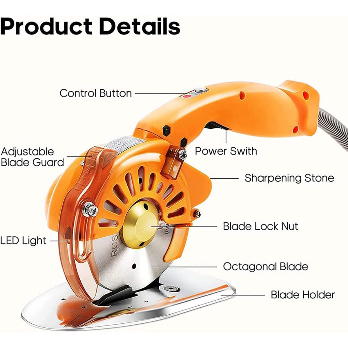 Coupe-tissu rotatif électrique, machine de découpe de tissu portable avec lumière LED, affûtage automatique des couteaux, 5 vitesses réglables pour la coupe du cuir et du papier
