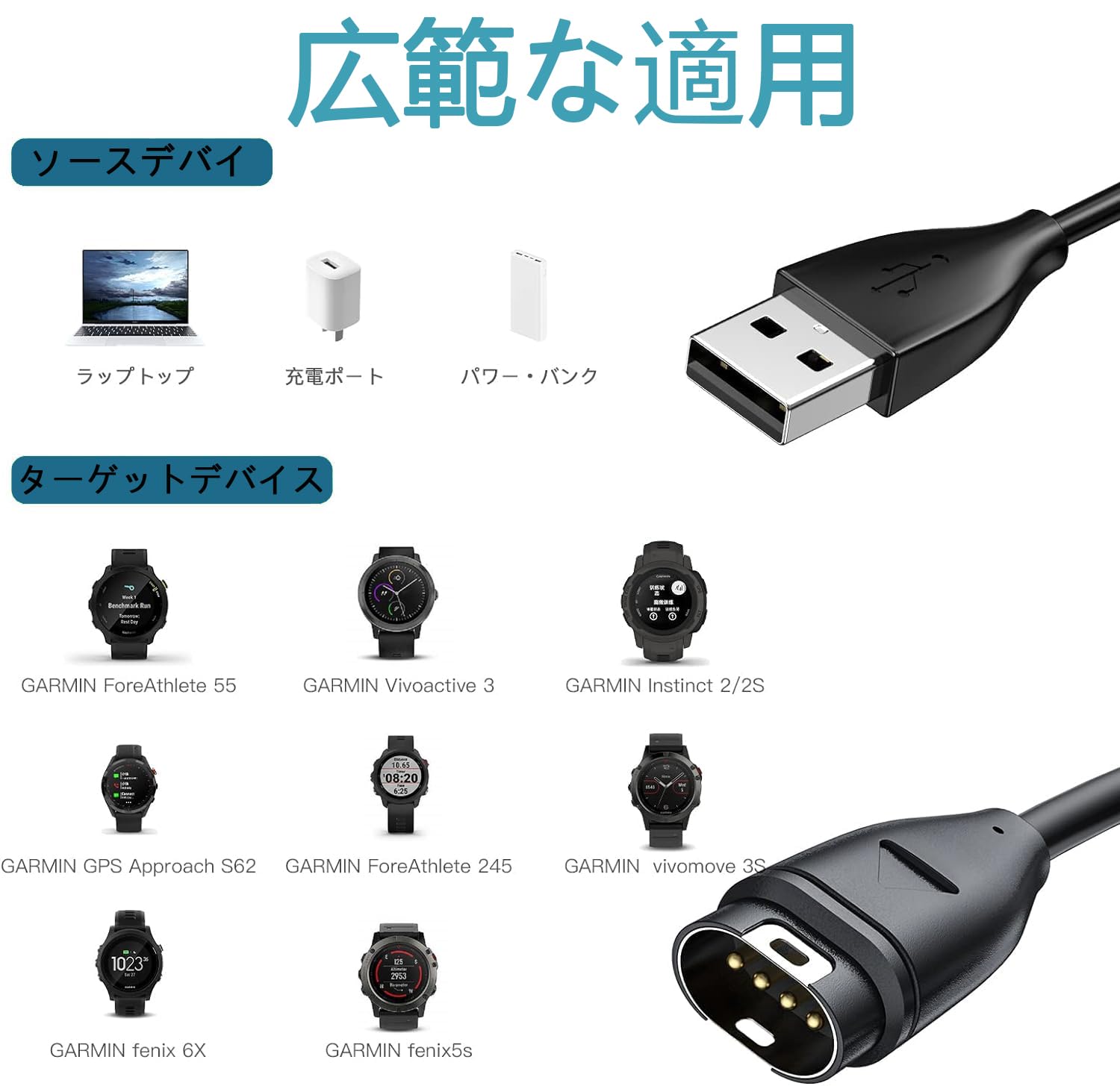 Garmin ForeAthlete45S スマートウォッチUSBケーブル付き Amazon.co.jp: ガーミン用充電ケーブル 2本 1m スマートウォッチ