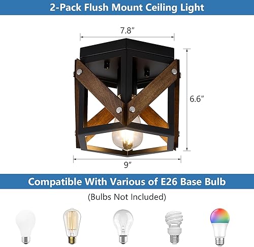 Miniatura 5 de Paquete de 2 lámparas de techo de montaje empotrado de granja, lámparas rústicas para pasillo, accesorios de iluminación negros vintage con jaula de
