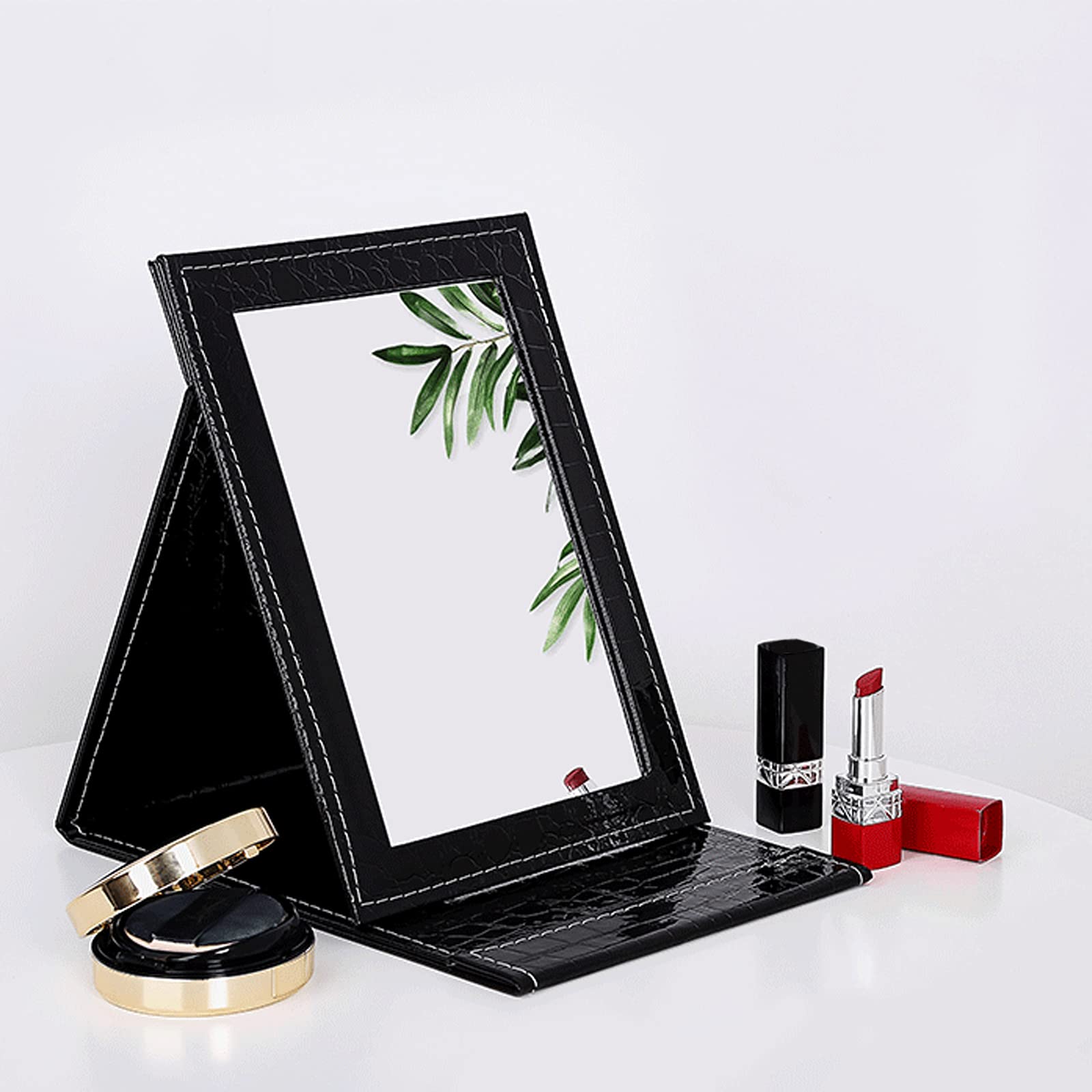Specchio da scrivania, Specchio per Trucco Pieghevole in PU, Specchio Portatile Intelligente, Specchio Pieghevole da scrivania, Specchio Nero alla Moda Semplice, Specchio cosmetico da Viaggi