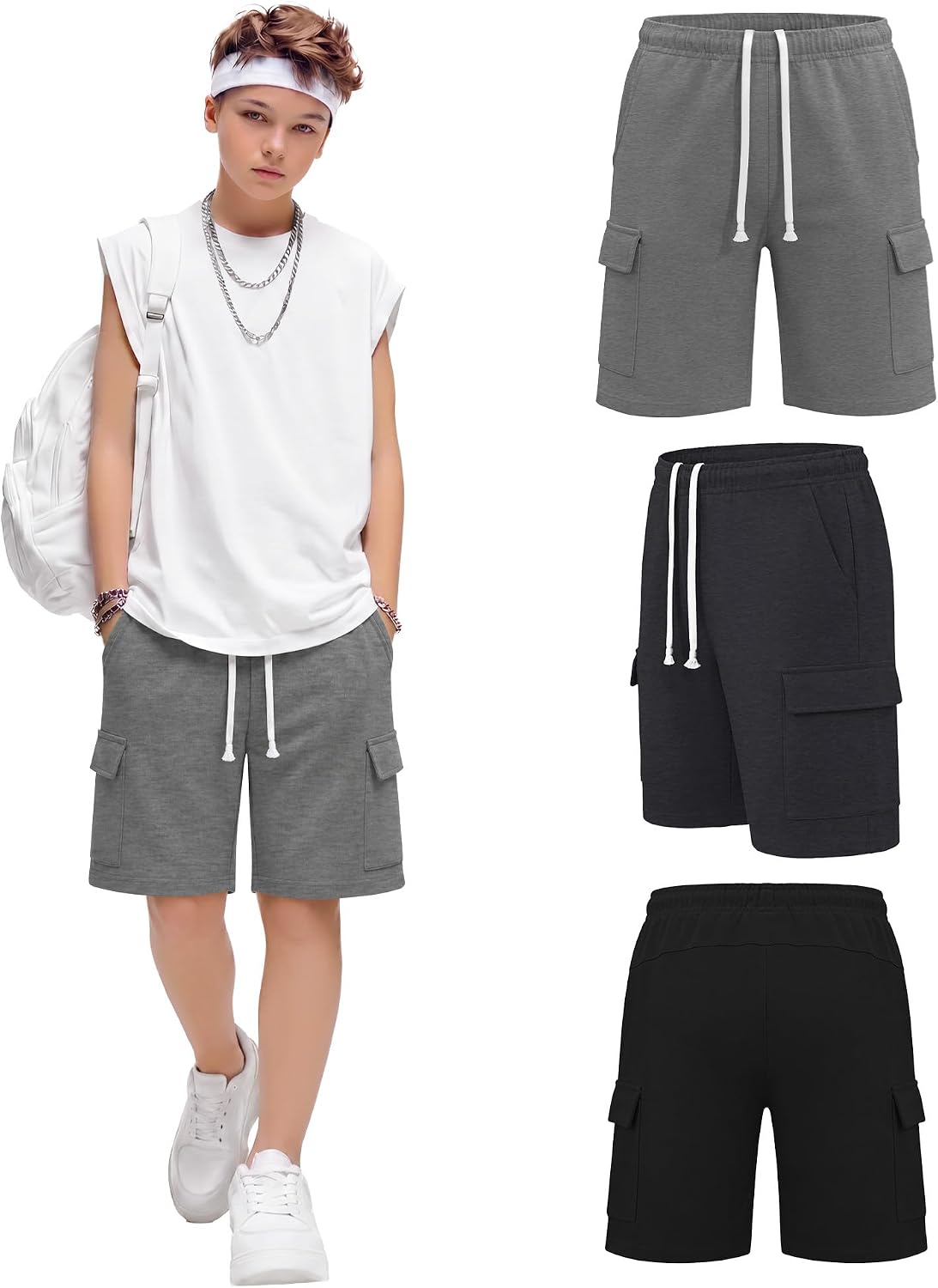 3 Pack Boys Cargo Shorts Teens Bermuda Athletic Shorts with Pockets Back to School Summer Wear for Youth Ages 6-16