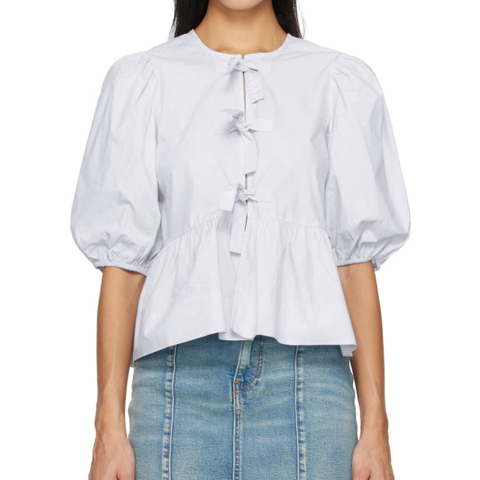 PDYLZWZY Y2K - Blusa para mujer con estampado de rayas, manga corta abullonada, corbata frontal, holgada, con cordones, lazo, dobladillo con volantes, blusas