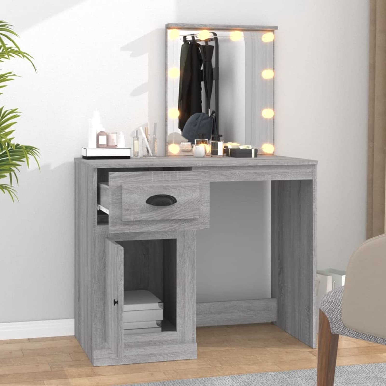 LAPOOH Schminktisch mit Grau Sonoma 90x50x132,5 cm Holzwerkstoff, Schminken Tisch, Vanity Table, Frisiertisch, Makeup Table, Make Up Table, Kosmetiktisch, Dressing Table