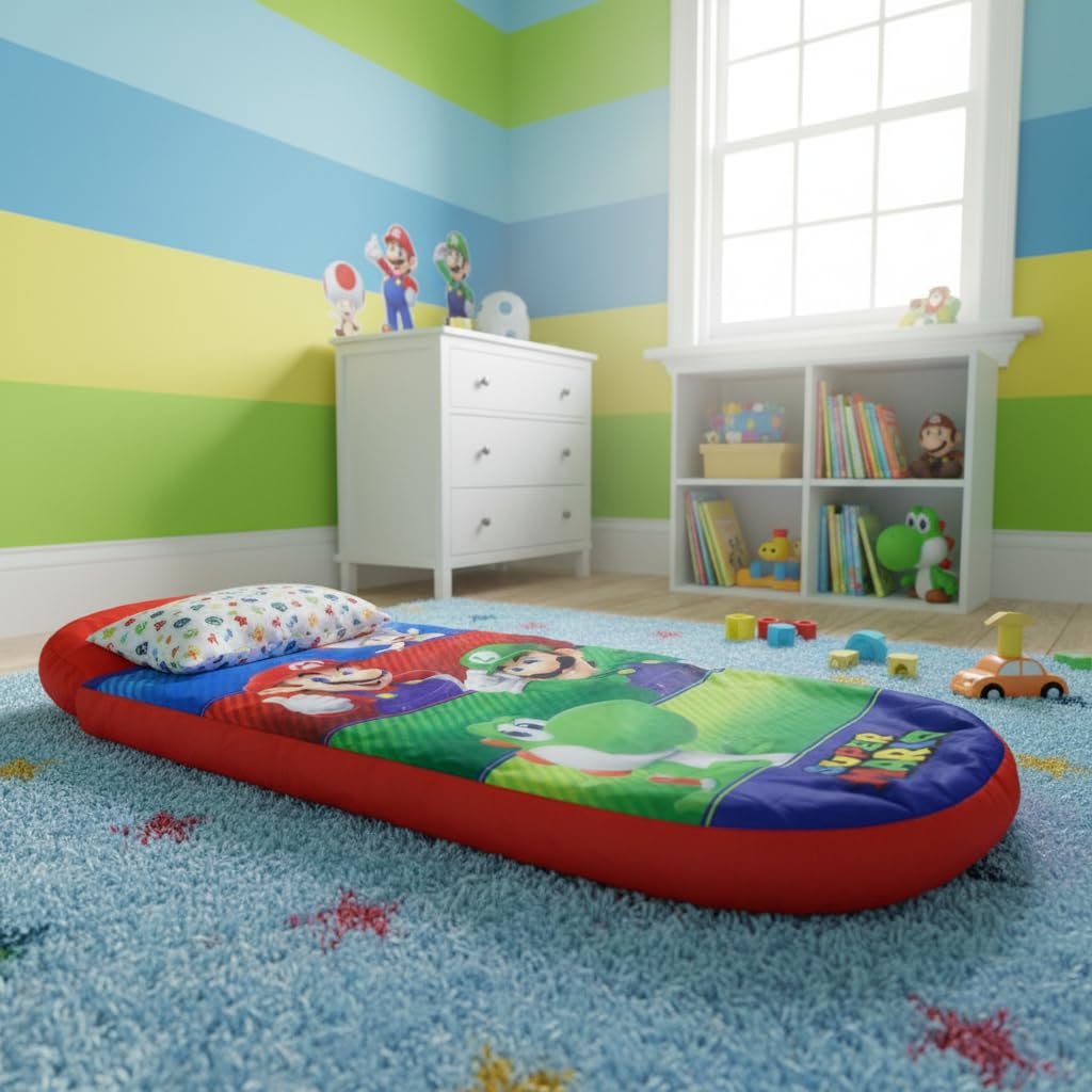 Nintendo Offiziell lizenzierte ReadyBed Luftmatratze | Aufblasbares Kinderbett mit integrierter Schlafsackfunktion und Pumpe | Design „Squad“ | Perfekt für Reisen, Camping oder Zuhause