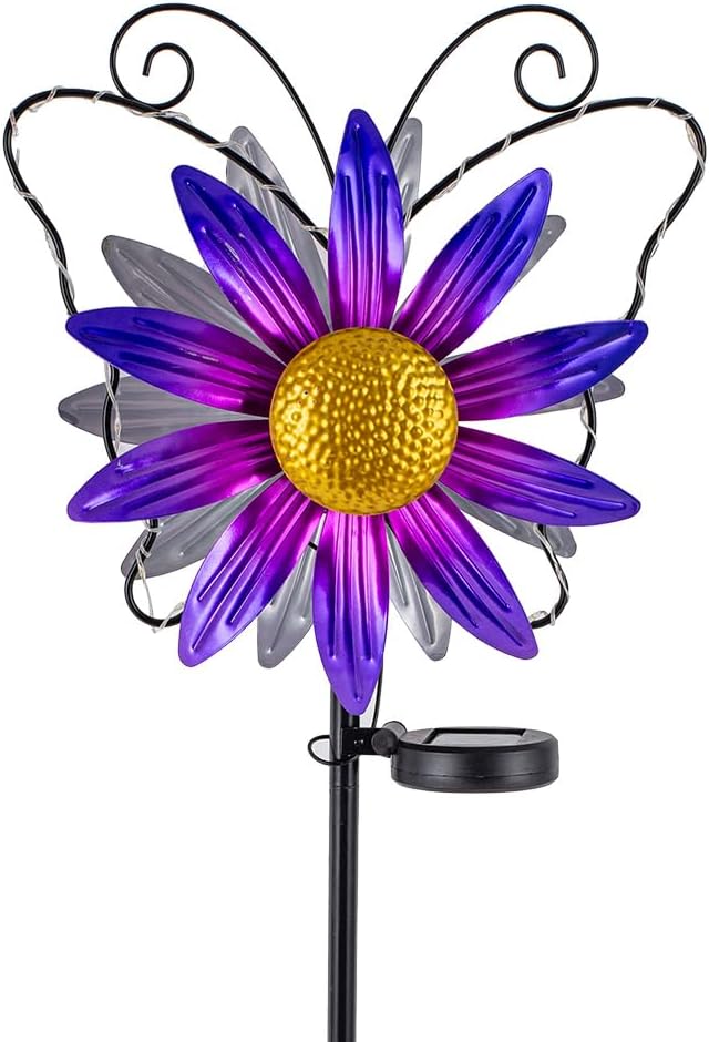 Solar Wind Spinners Outdoor,Butterfly Garden Windmill Metal Flower Wind Sculptures for Yard Art Lawn Decor(Purple)