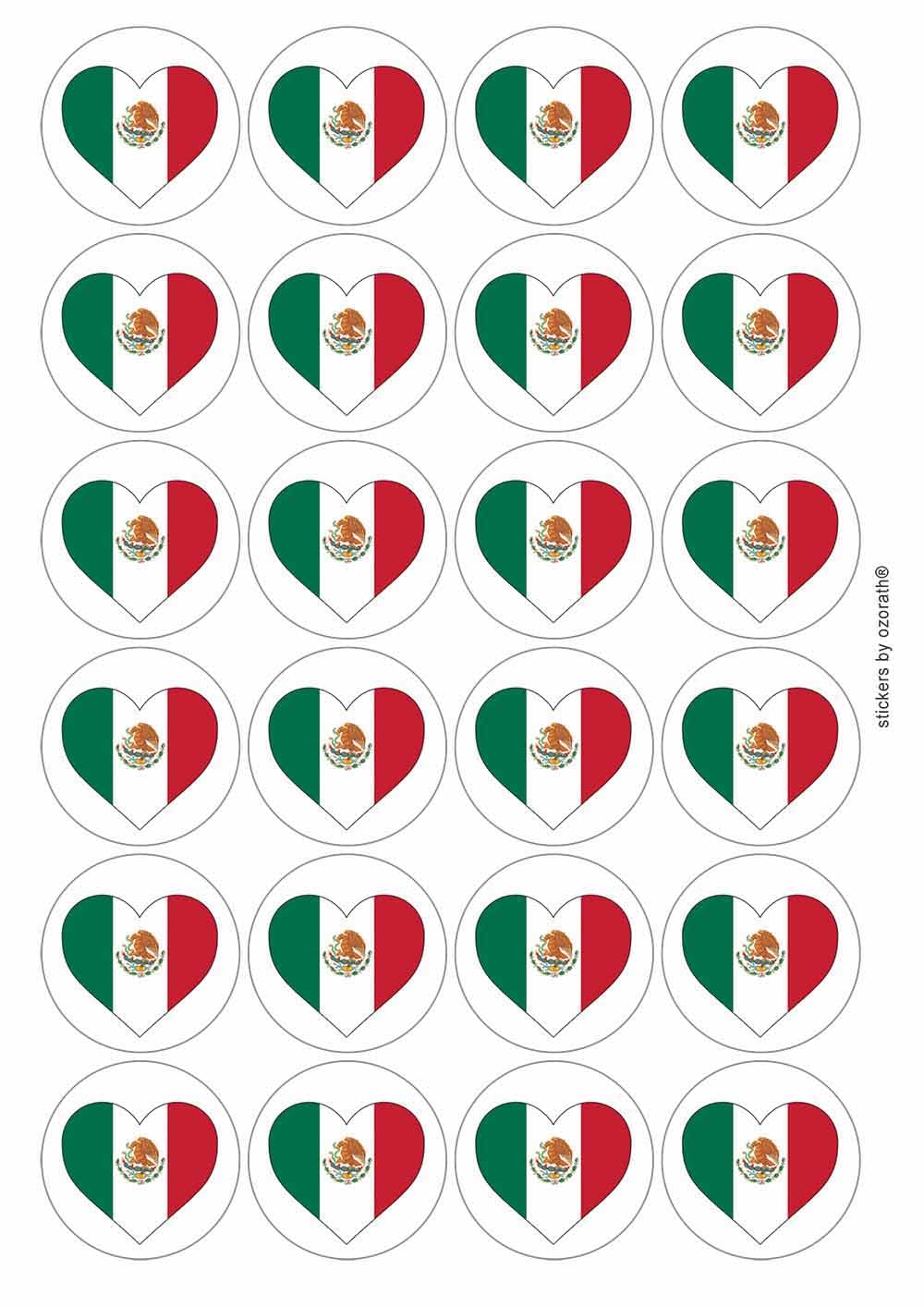 Mexico Mexican Flag Heart Circular Matt Paper Stickers A4 Sheet of 24 (Each Sticker is 45mm Diameter)