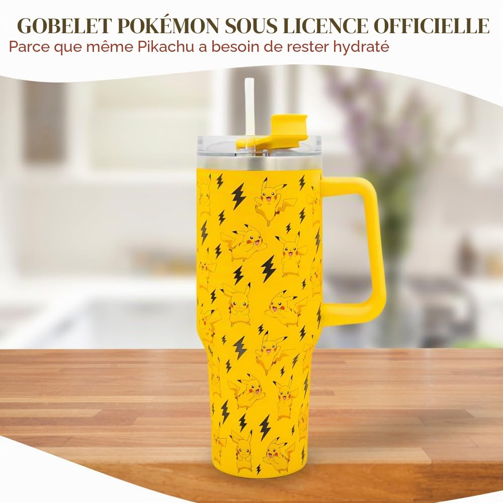 Pokemon Pikachu Gobelet de 1200 ml avec paille et couvercle | Tasse de voyage anti-fuite et anti-déversement | Bouteille d'eau isotherme en acier inoxydable avec poignée pour garder au froid pendant