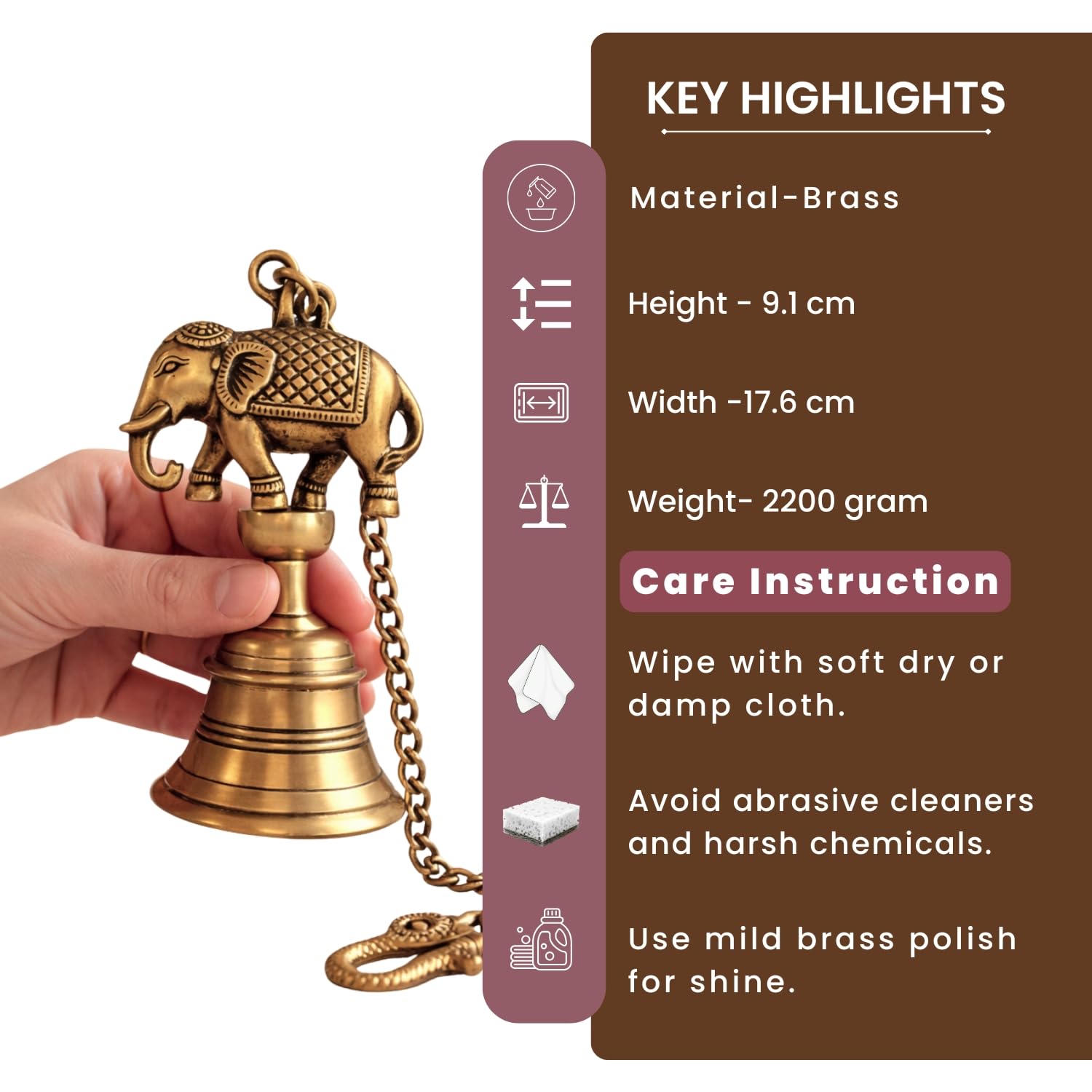 ExclusiveLane 'Sacred Elephant' Brass Decorative Hanging Bell (100% Pure Brass, Set of 2, 63.6 Cm, 1.1 Kg, Hand-Etched) | Brass Bells for Mandir Hanging Bells for Pooja Room Temple Bells for Mandir 3