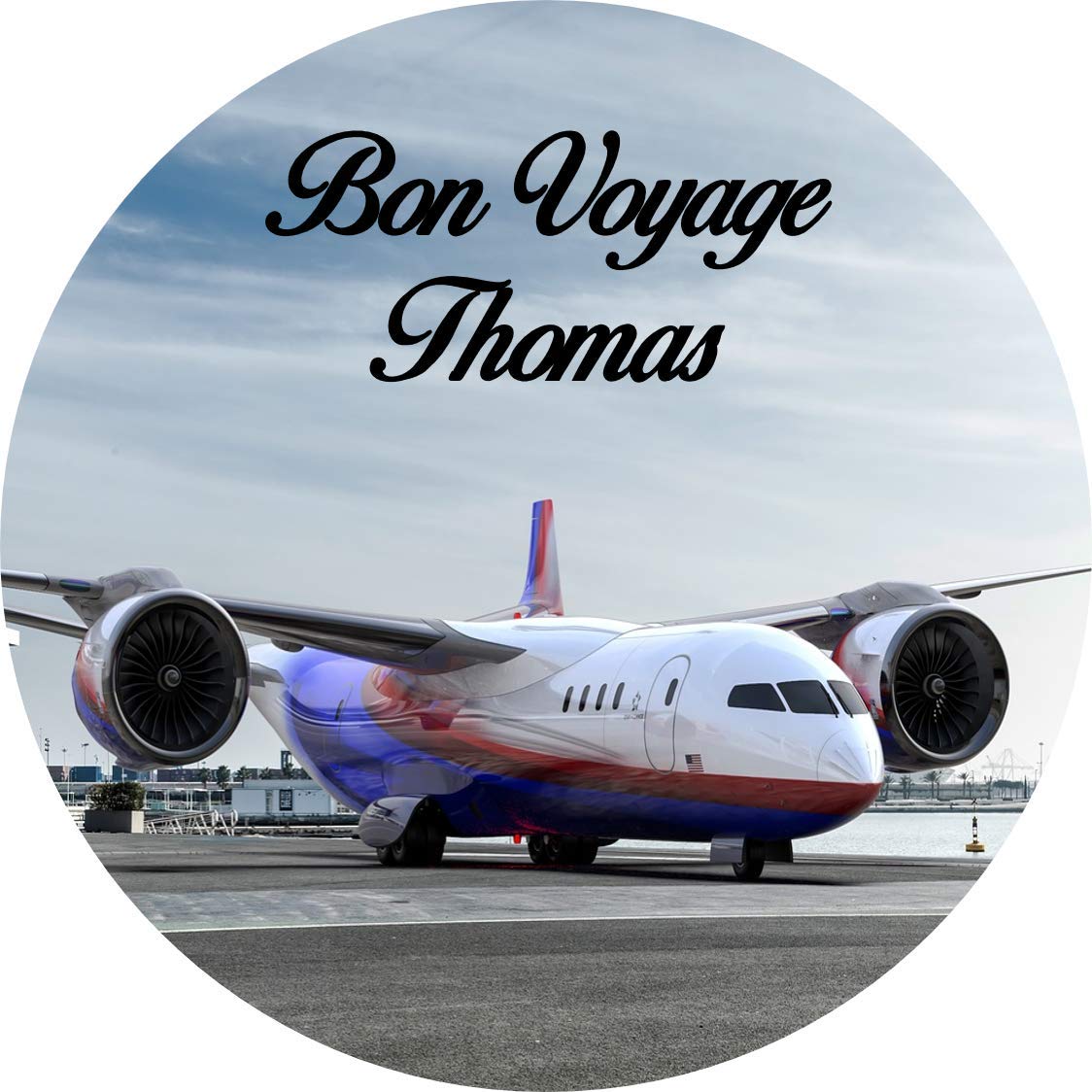 Passenger Plane Round Circle Cake Edible Icing or Wafer Topper 7.5 inch Personalised (Icing)