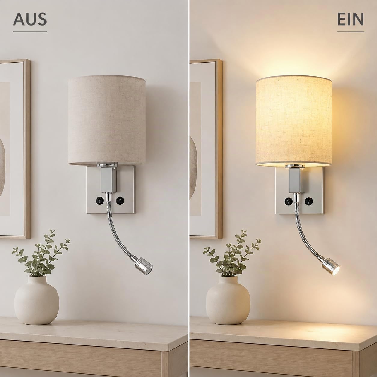 ZMH Applique murale LED pivotant 360° Lampe de lecture avec interrupteur E27 Abat-jour en tissu Éclairage moderne salon