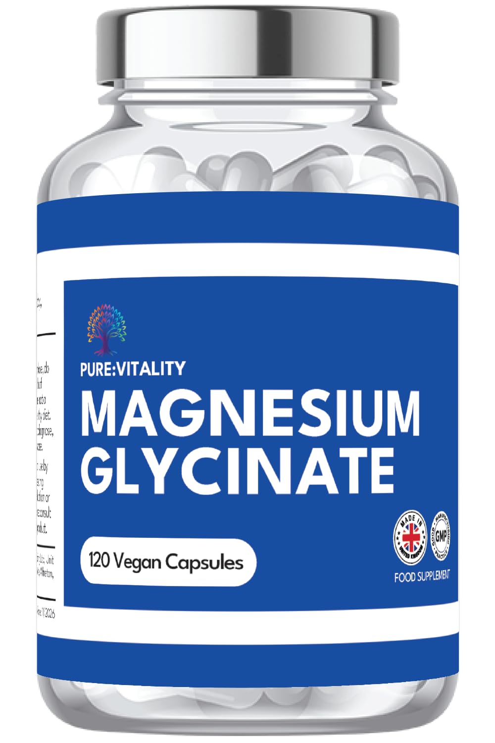 Pure Vitality : 1500mg Magnesium Glycinate | 300mg Elemental Magnesium | 120 x Vegan Capsules | UK GMP Certified Manufacturer
