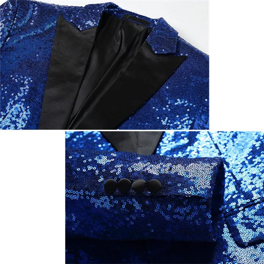 Pohullan Men Two-Piece Suit Sequin Long Sleeve Single Breasted Jacket with Black Pants Wedding Casual Suit Black 4XL4