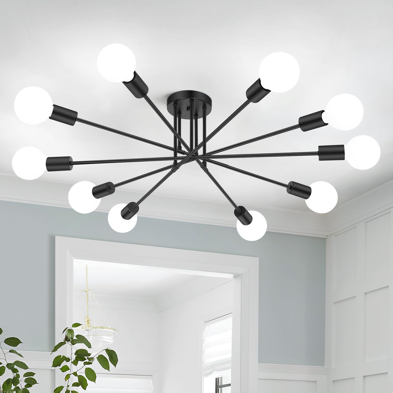 Modern Sputnik Chandelier 10-Light Industrial Ceiling Lights Fixture 31.5" Black Semi Flush Mount Ceiling Light with E26 Base Sputnik Lights Fixture for Dining Room Bedroom Foyer Hallway Living Room