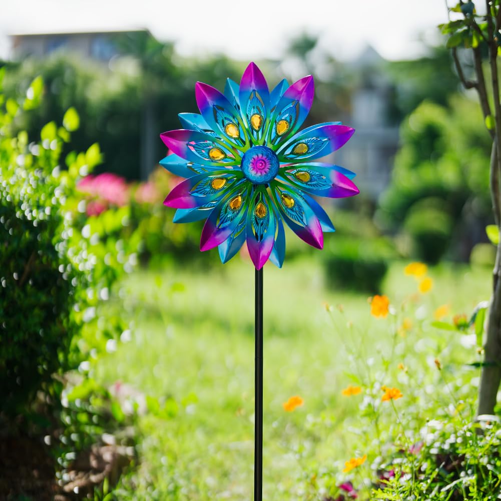 Molinillo de Viento de Metal, molinillos de Viento de 13 Pulgadas para Exteriores, Molino de Viento de Pavo Real con estaca, molinillos cinéticos para Patio y jardín, esculturas de Viento