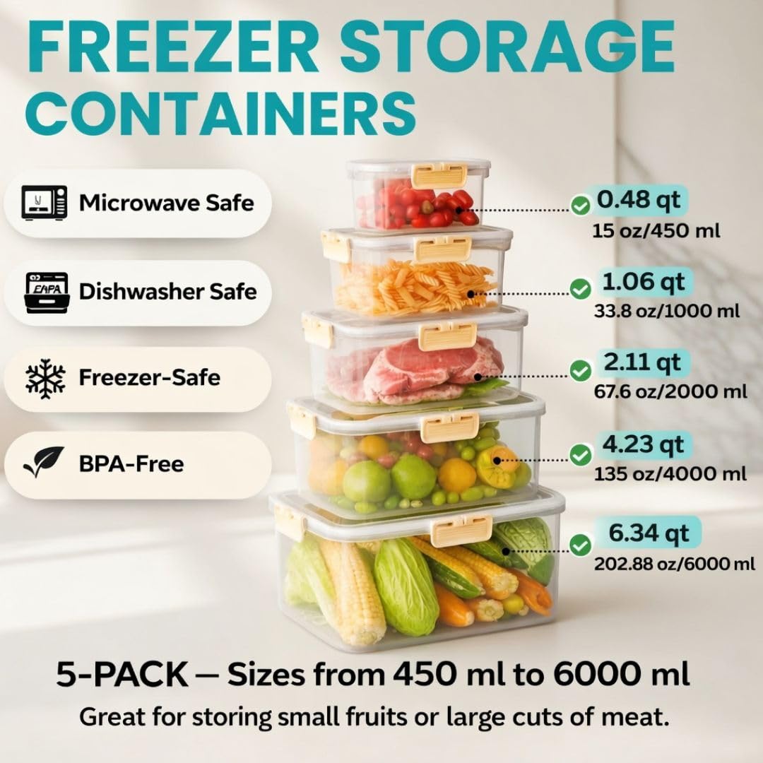FreshLock - Juego de 5 recipientes de almacenamiento para nevera, herméticos, a prueba de fugas y aptos para microondas con colador extraíble, ideal para almacenamiento de frutas, verduras y