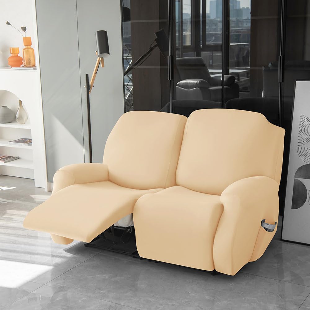 Funda suave y elástica para sillón reclinable, antideslizante, con bolsillos laterales, color crema, funda para muebles de 2 plazas, fácil de limpiar e instalar.