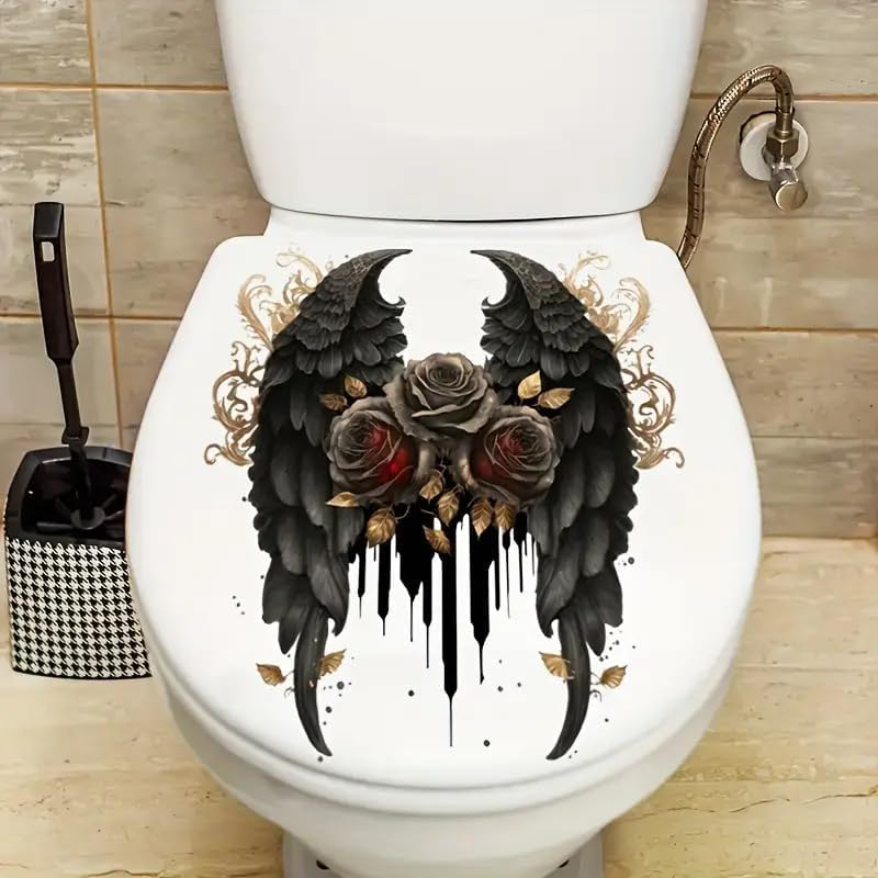 Devil Angel Wing Toilet Cover Sticker Decals,Fish Bird Flower Leaf Waterproof Toilet Lid Tank Seat Decals Cistern Self-Adhesive Bathroom Wall Sticker