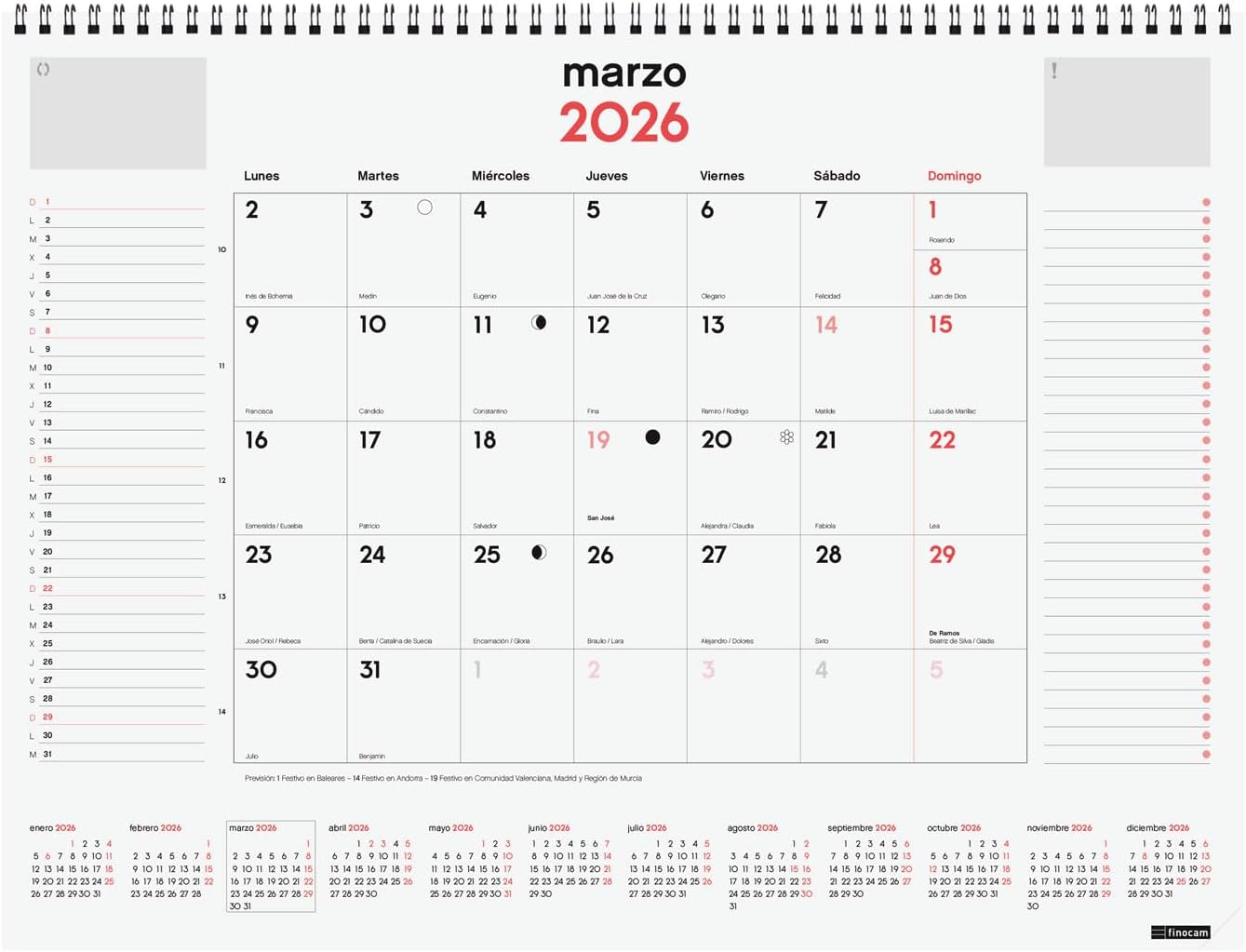 Finocam Spiral Bound 2026 Month to View January 2026 - December 2026 (12 Months) Neutral Spanish
