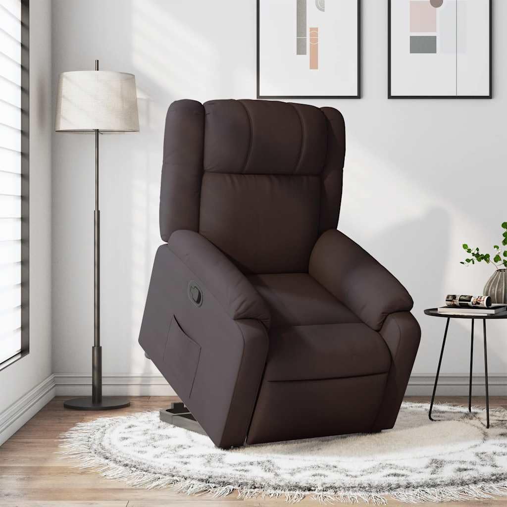 Sillón elevador reclinable marrón de tela con motor eléctrico y reclinación manual, asiento acolchado y marco estable, función de elevación para personas mayores