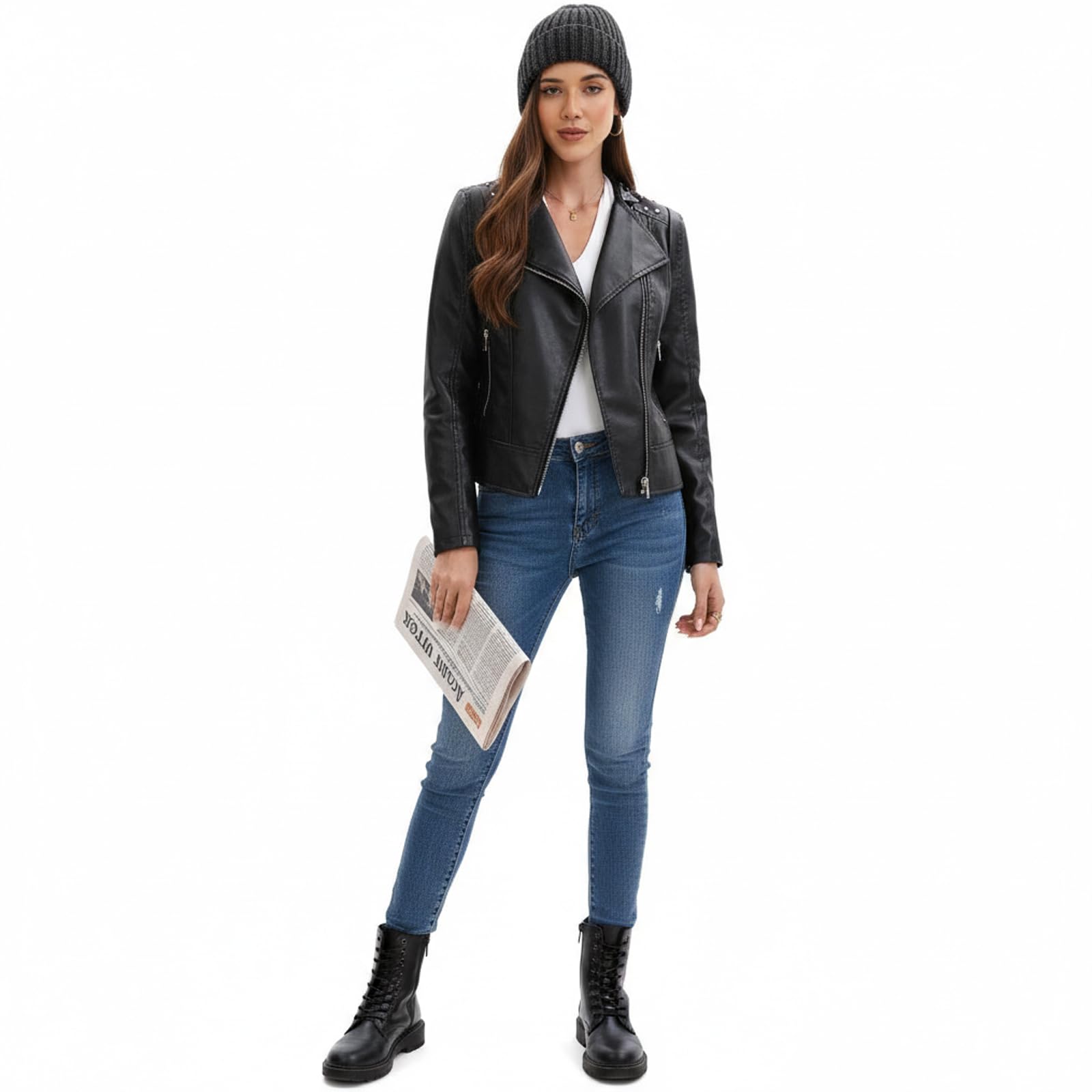 Chaqueta de Cuero Mujer Remaches Moto Corta Cazadora Cremallera chaqueta entretiempo
