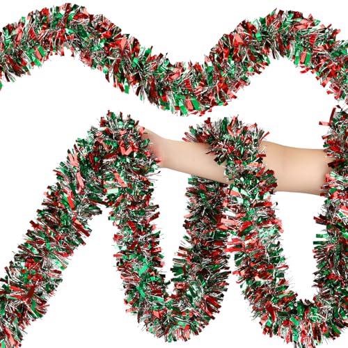 Image of 50FT Christmas Tinsel Garland, Red Green&Silver Metallic Twist Shiny Hanging Garland Ornaments for Christmas Tree, Party Supplies Thick Metallic Xmas Streamers