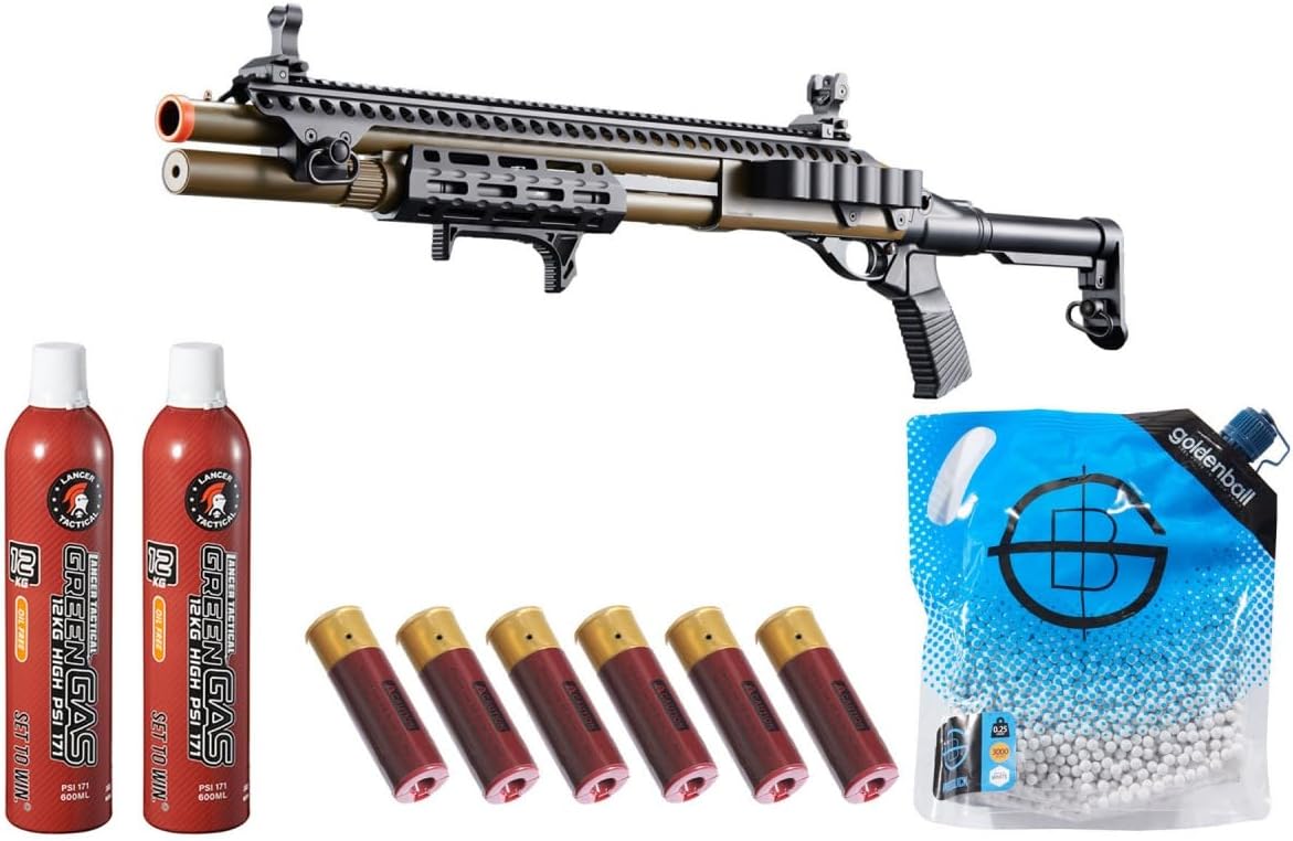 Golden Eagle M8875 3/6-Shot Pump Action Gas Airsoft Shotgun with Extra Shell & 2 Pack Green Gas - (Tan)