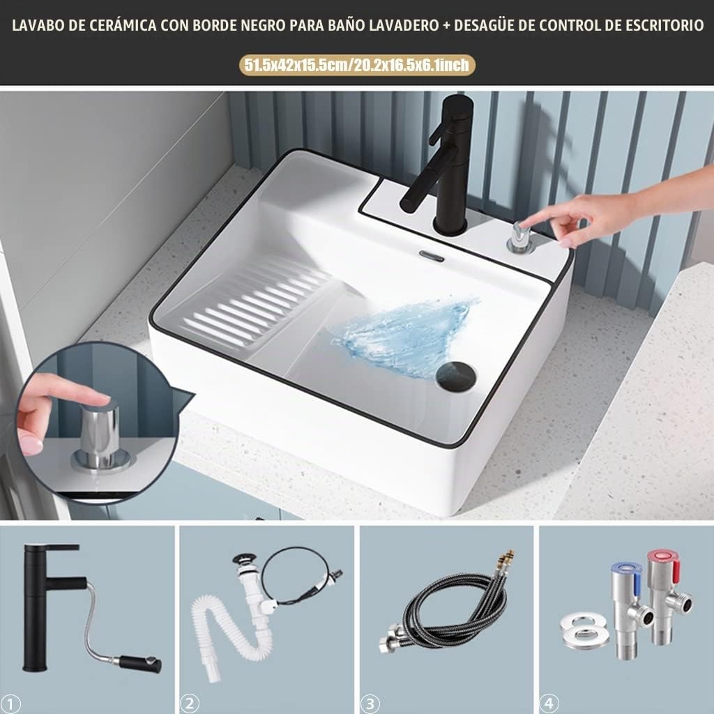 Lavabo De Baño Rectangular De Cerámica sobre Encimera con Grifo Extraíble De Arte, Bañera De Lavandería De Balcón con Tabla De Lavar