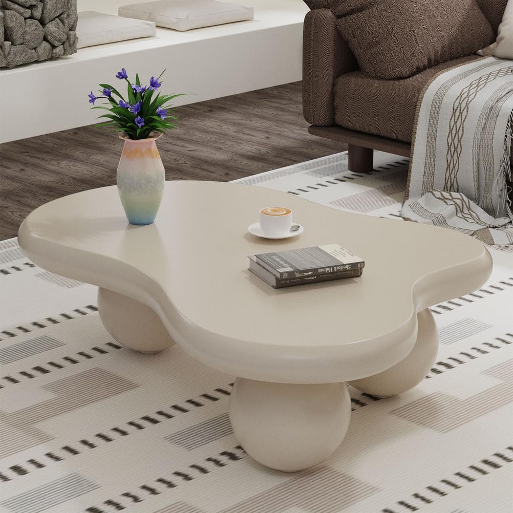 Table basse nuage blanche de 46 pouces avec 3 pieds boule pour decoration de salon