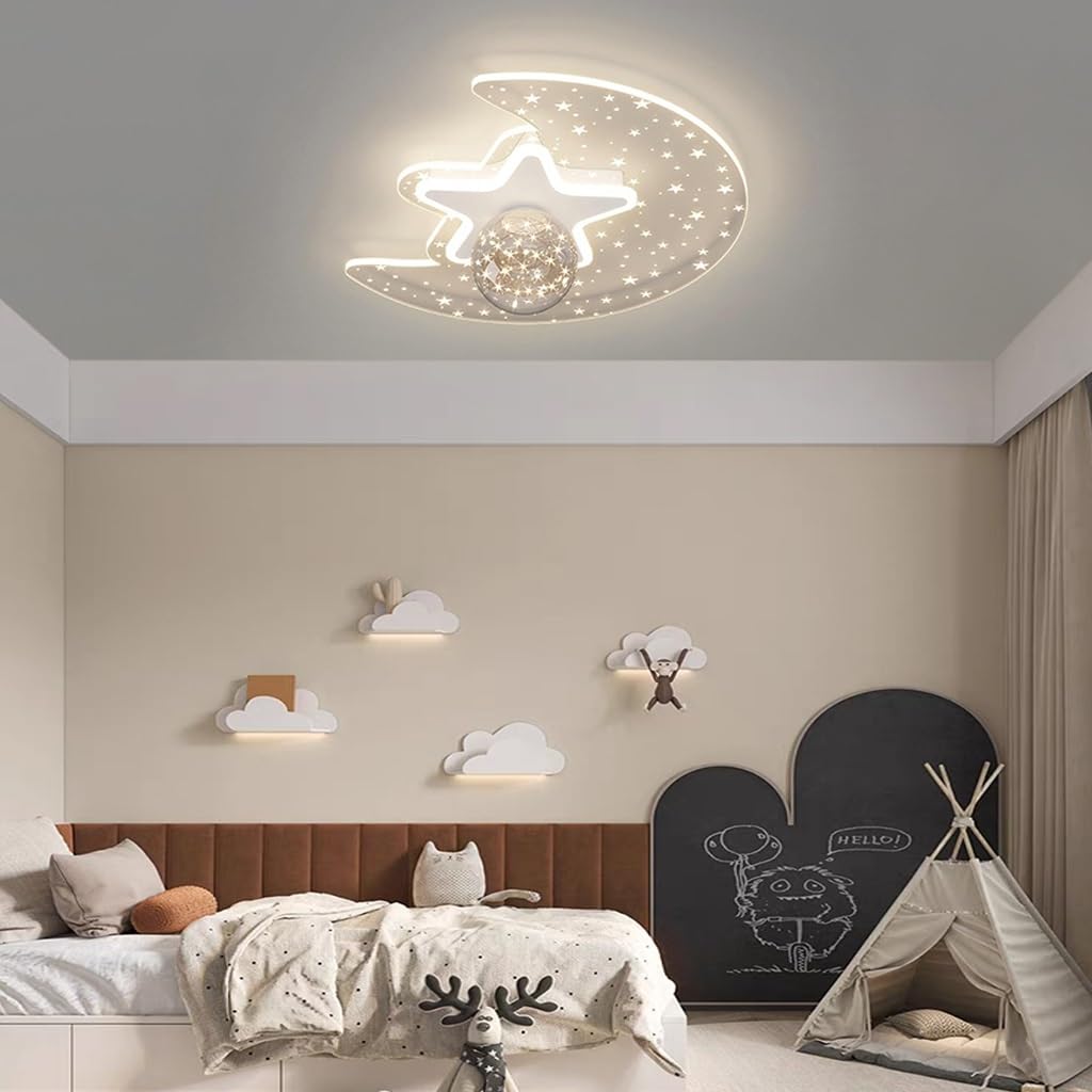 Stesulfr LED Children's Ceiling Lamp Star Moon Acrylic Ceiling Light For Children Glass Lampshade Stepless Dimming with Remote Control Creativity 40W Bedroom Ceiling Kindergarten Lighting(White)