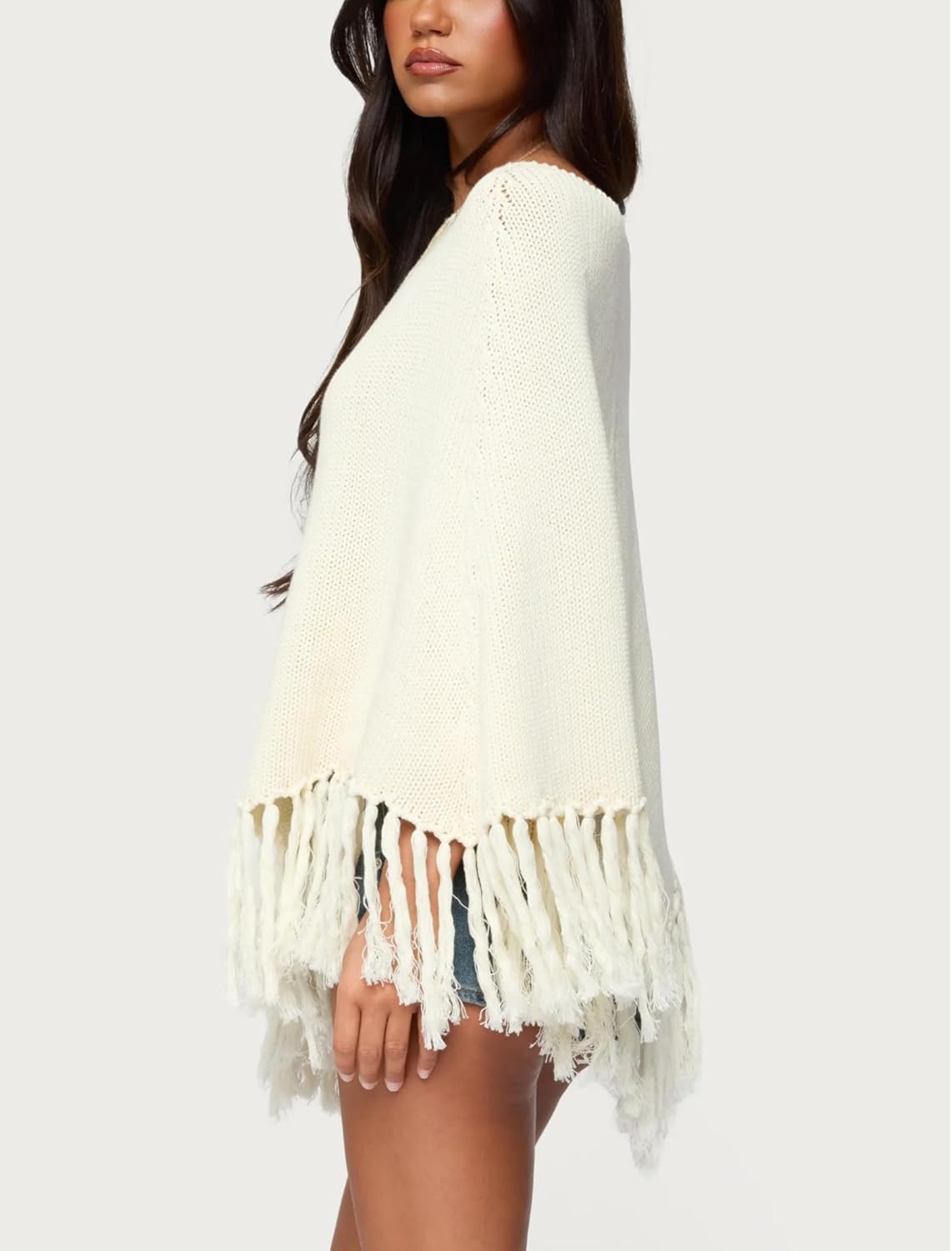 Women Tassel Poncho Sweater Mock Neck Fringed Hem Shawl Y2k Vintage Asymmetrical Pullover Cape Shrug Knitwear - Image 2