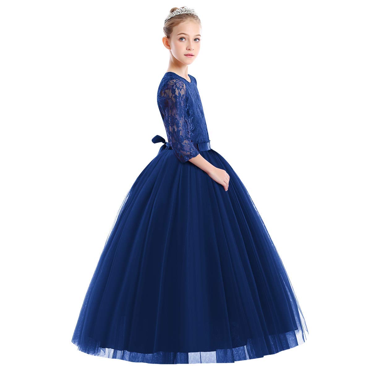ABEHIK Mädchen Blumenmädchen Hochzeit Spitze Tütükleid Prinzessinkleid Sieben-Viertel-Ärmel Florale Abendkleid für Kinder Festliches Tüll Partykleid Maxikleid