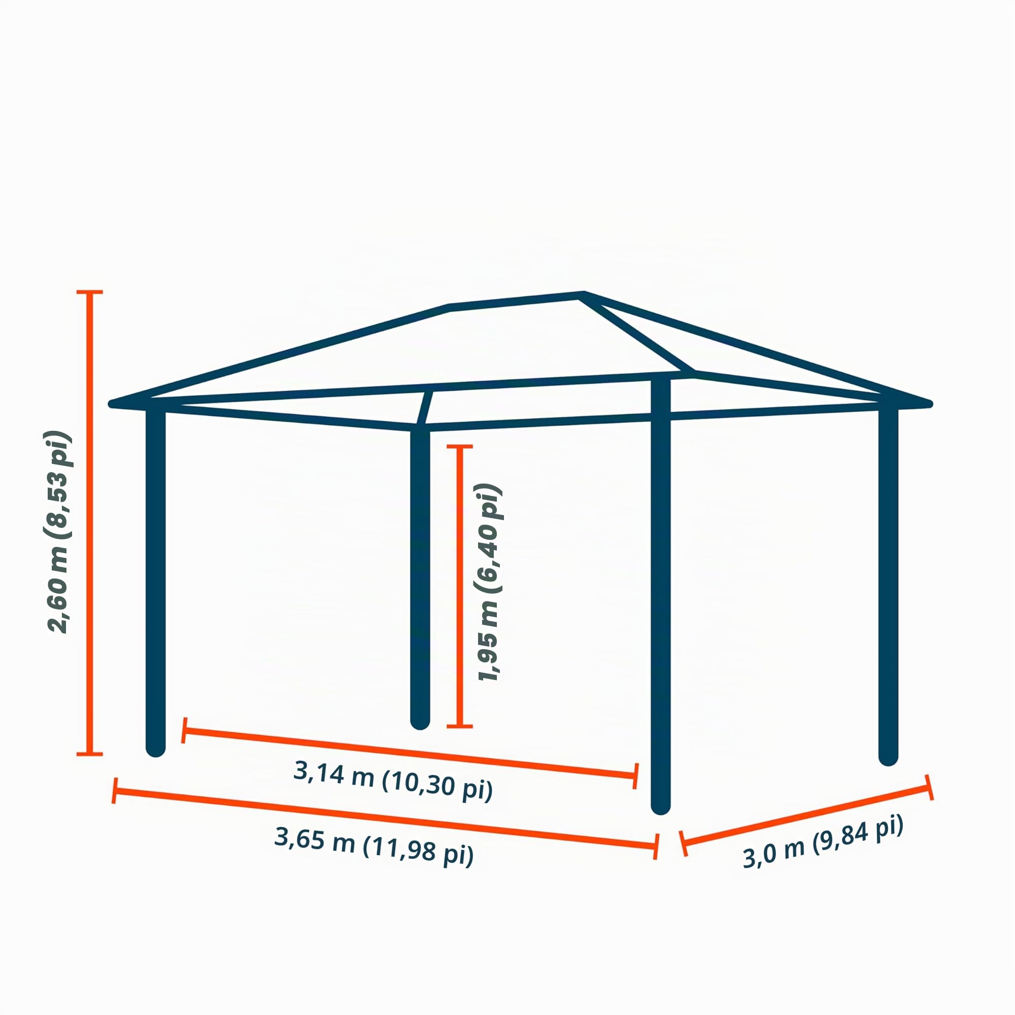 TOOLPORT Tonnelle de Jardin 3x3,65 m Panneaux de Polycarbonate d'env. 6 mm avec parois latérales et moustiquaires en Gris