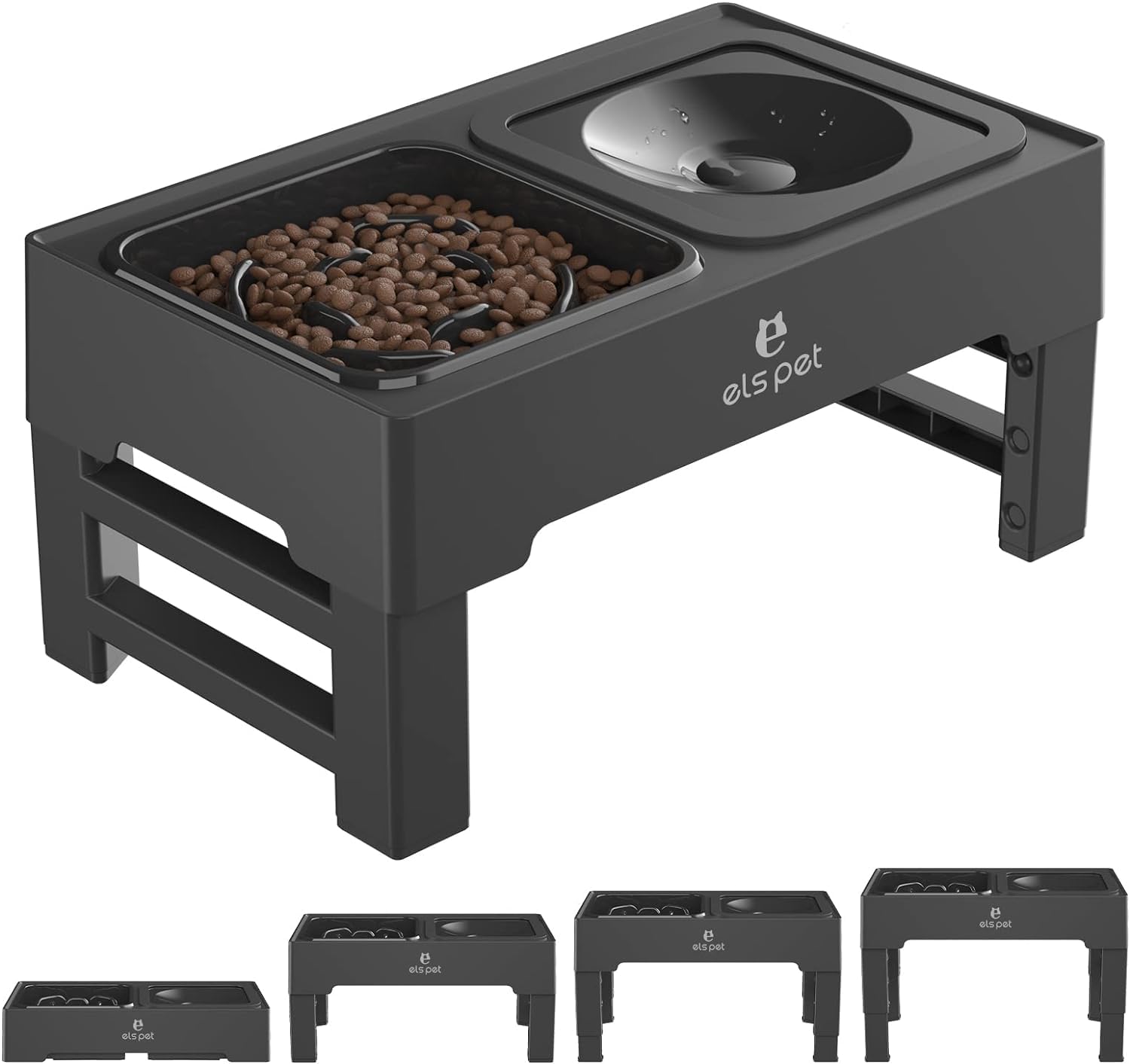ELS PETElevated Dog Bowls, Adjustable Raised Dog Bowls with No Spill Dog Water Bowl and Stainless Steel/Slow Feeder, Stand for Small Medium Large Dogs,Cats & Pets (Plastic)