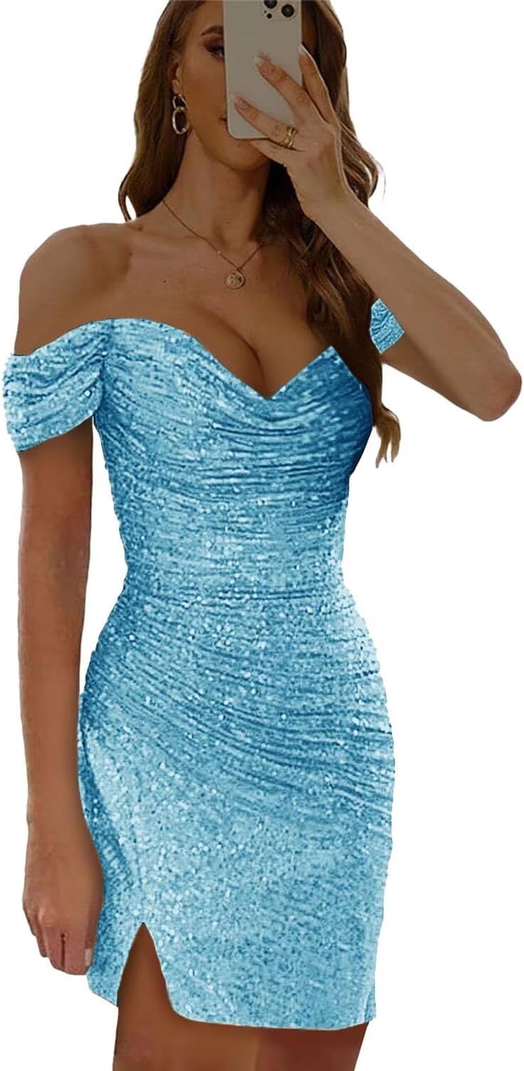 Verngo Sparkly Off Shoulder Homecoming Dresses with Slit Short Tight Sequin Cocktail Party Gowns for Teens