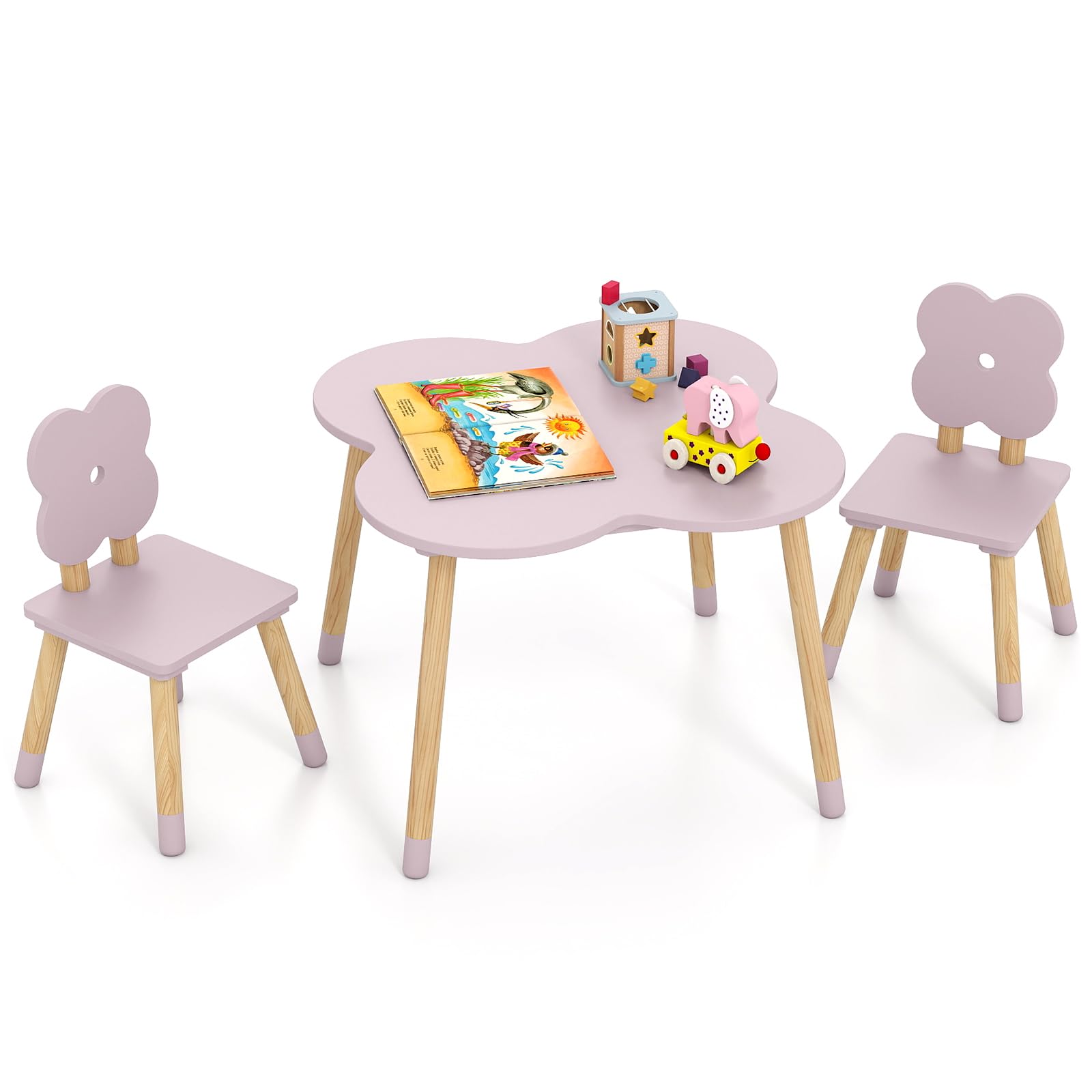 COSTWAY Set Tavolo per Bambini a Forma di Fiore, Tavolino e Sedia in Legno con 2 Sedie e Gambe in Legno di Pino Solido, Tavolino Bambini 3+ Anni per Disegno, Arte e Studio (Rosa)