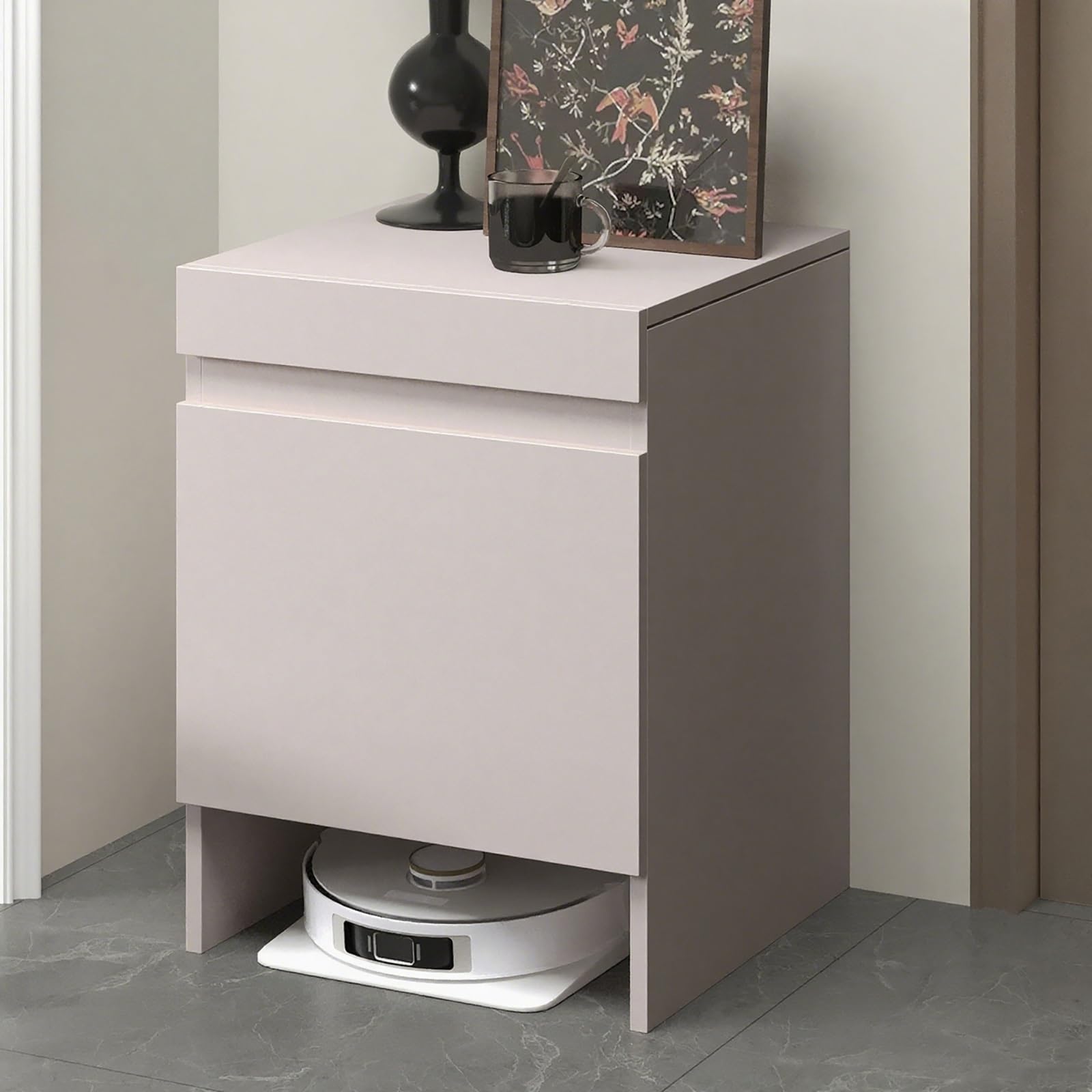 Armario de soporte para aspiradora robot – Mesa auxiliar oculta para muebles del hogar, diseño de vaciado automático, fácil acceso para mantenimiento