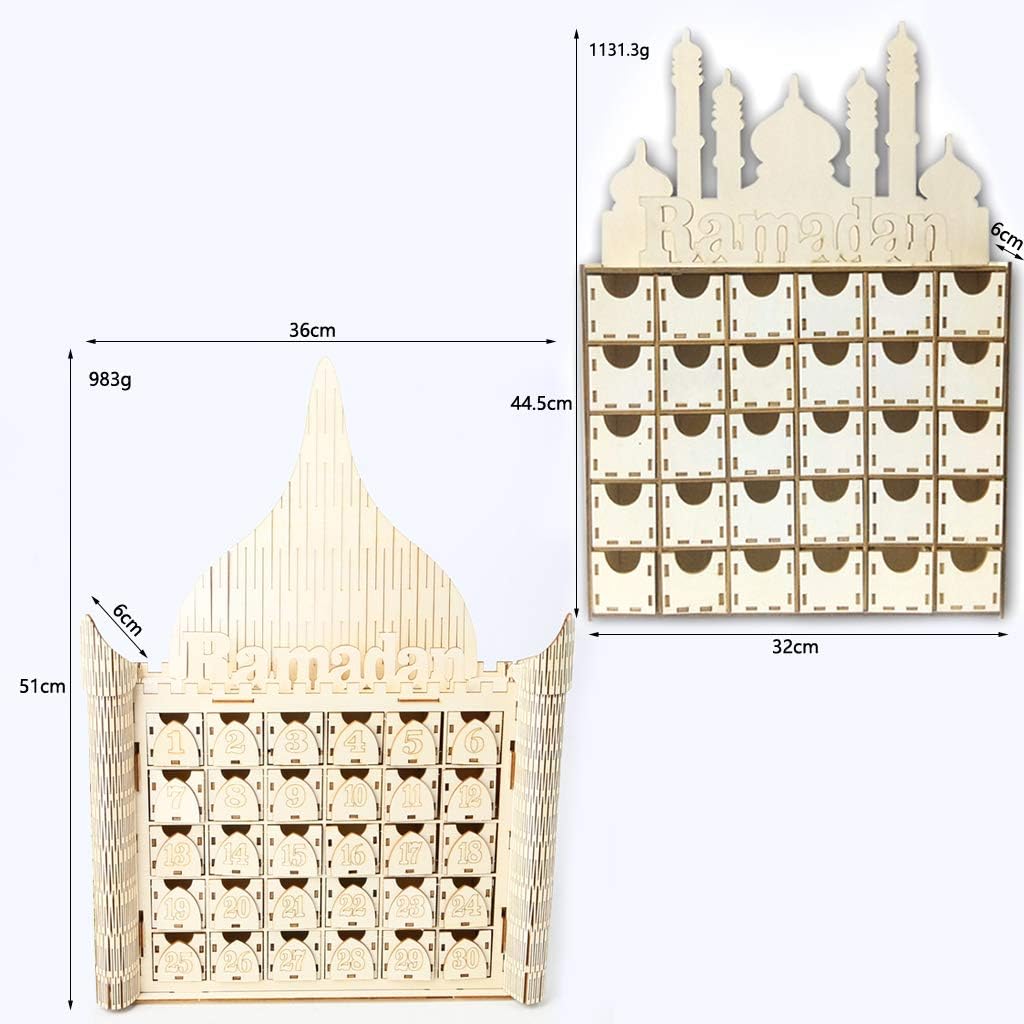 Eforcase Wooden Advent Calendar Eid Mubarak Moon Star DIY Puzzle Palace Ramadan Countdown Calendar 30 Drawers Ramadan Decor