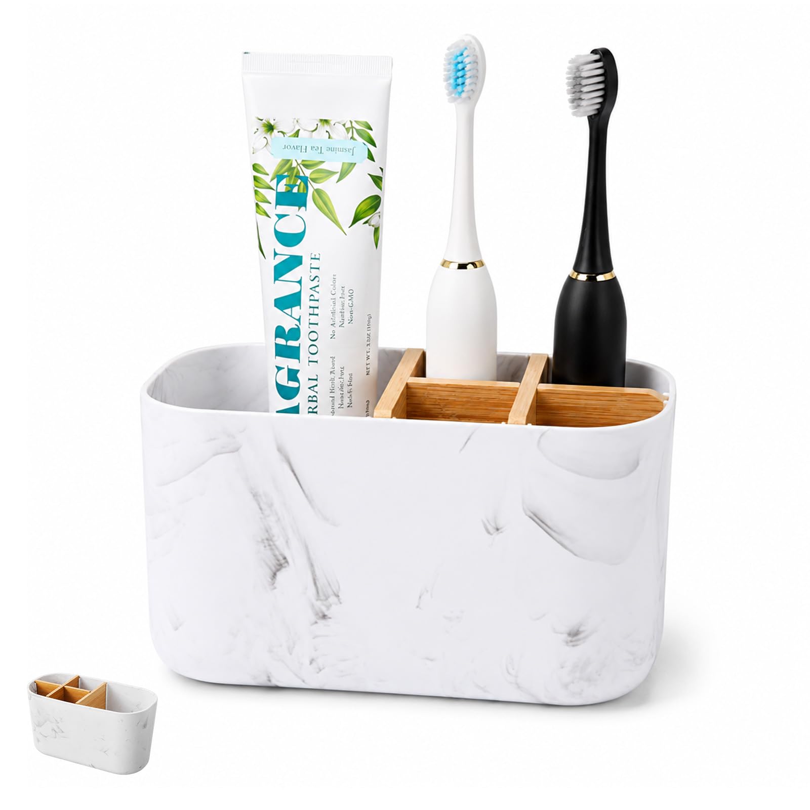 Tooth Brush Holder For Bathroom, Marble Pattern Bamboo Toothbrush Holder, 5 Slots Detachable Divider, for Electric Toothbrush & Toothpaste, Countertop Organizer